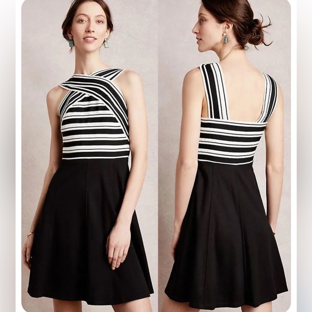 Anthropologie Maeve Dress Black White Crosswise Bandage Fit and Flare